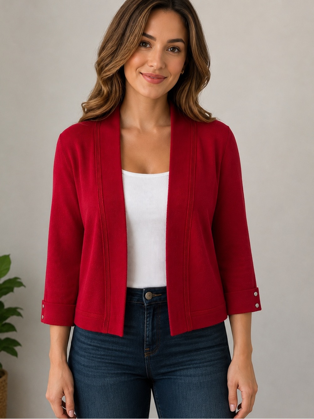 99 Jane Street Women’s Red Open Front Cardigan Size Small 3/4 Sleeve Snap Cuff